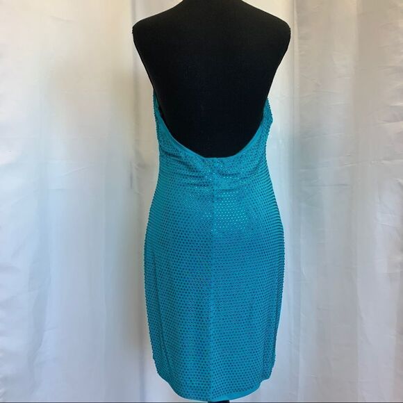 Bebe blue turquoise crystal rhinestone halter deep v neck dress Sz M - Picture 4 of 15